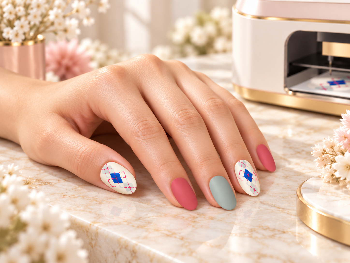 Close-up of custom nail art in a bright studio