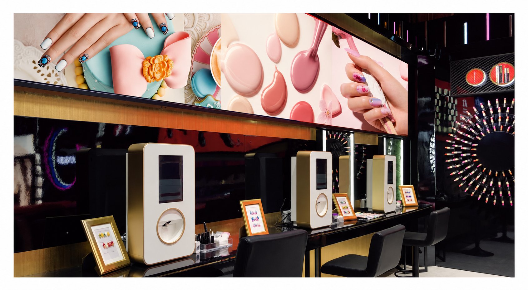 Illustrative salon presentation with nail printing equipment